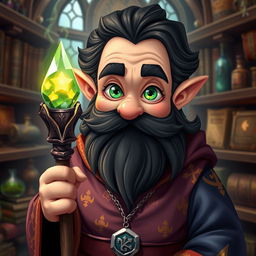 A male gnome wizard characterized by his mesmerizing green, inquisitive eyes that seem to sparkle with curiosity and intelligence