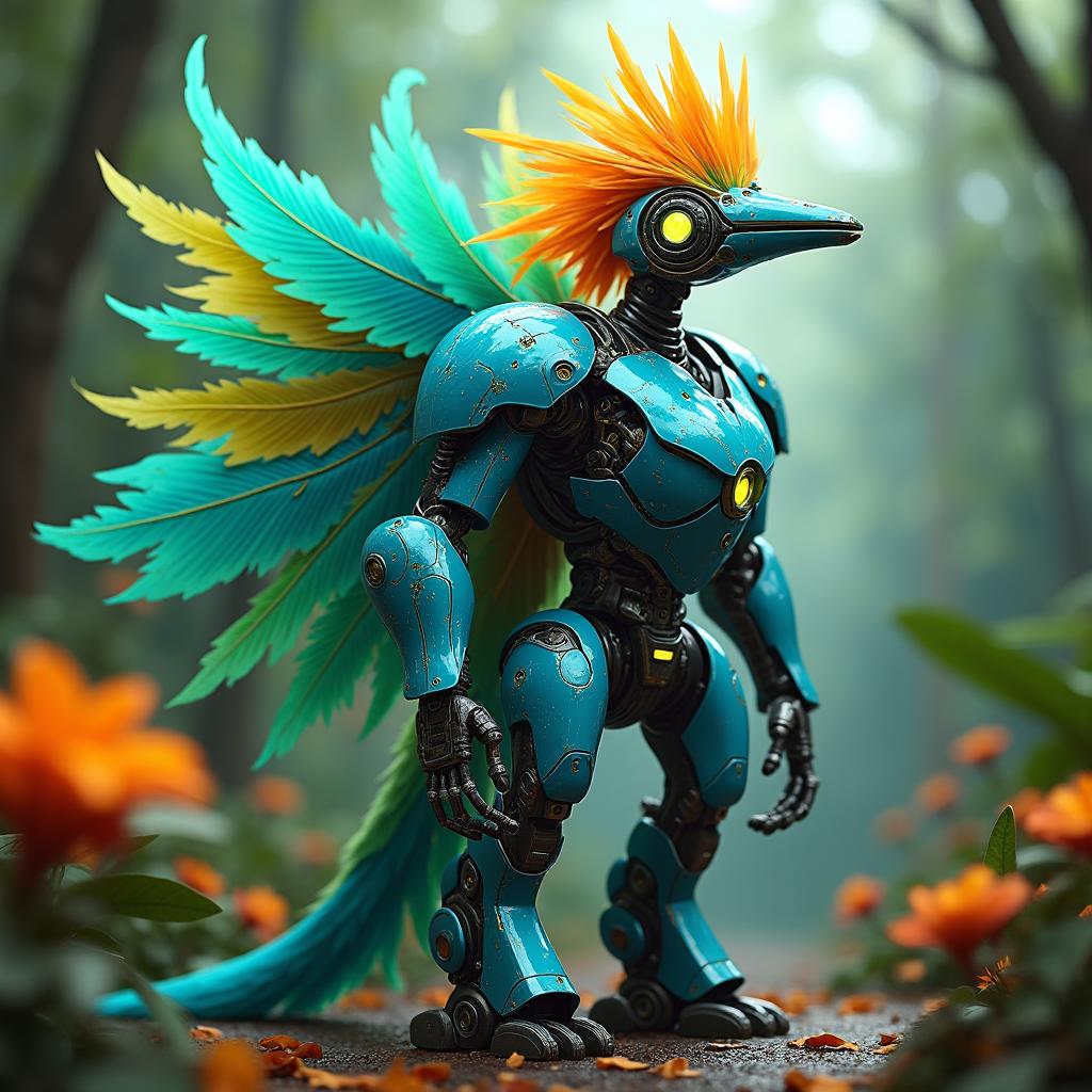 A futuristic robot that resembles a Bird of Paradise, featuring vibrant plumage in shades of blue, green, and orange