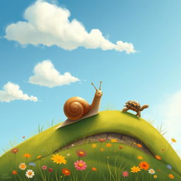 A small snail making its way up a gentle hillside, with a small turtle surprisingly fast in the distance, illustrated in the charming and whimsical style of Jon Klassen