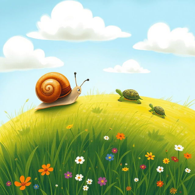 A small snail making its way up a gentle hillside, with a small turtle surprisingly fast in the distance, illustrated in the charming and whimsical style of Jon Klassen