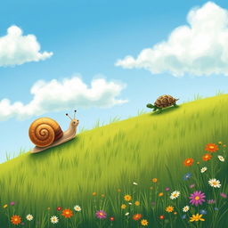 A small snail making its way up a gentle hillside, with a small turtle surprisingly fast in the distance, illustrated in the charming and whimsical style of Jon Klassen