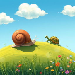 A small snail making its way up a gentle hillside, with a small turtle surprisingly fast in the distance, illustrated in the charming and whimsical style of Jon Klassen