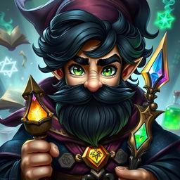 A fantasy art style depiction of a male gnome wizard, featuring striking green, inquisitive eyes that reflect a deep curiosity