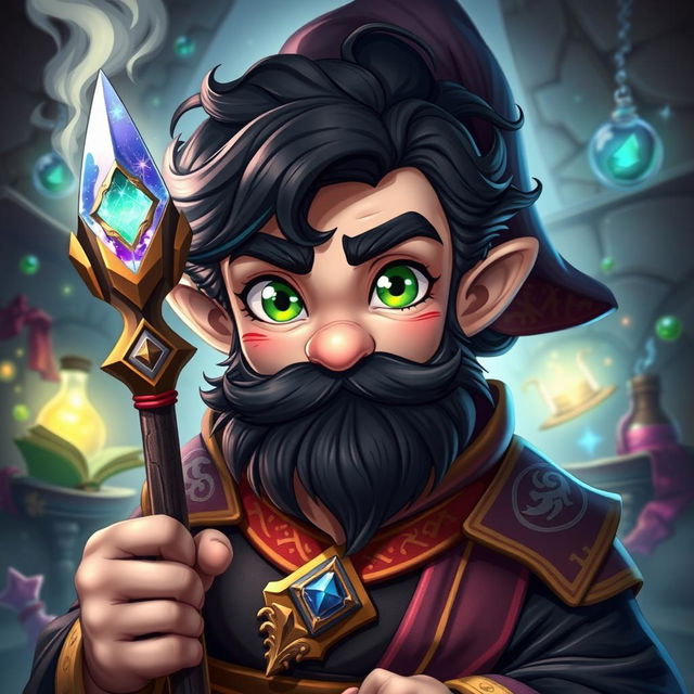 A fantasy art style depiction of a male gnome wizard, featuring striking green, inquisitive eyes that reflect a deep curiosity