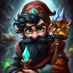 A fantasy art style depiction of a male gnome wizard, featuring striking green, inquisitive eyes that reflect a deep curiosity