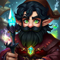 A fantasy art style depiction of a male gnome wizard, featuring striking green, inquisitive eyes that reflect a deep curiosity