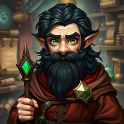 A realistic art style portrayal of a male gnome wizard, featuring captivating green, inquisitive eyes that draw the viewer in with their depth and curiosity