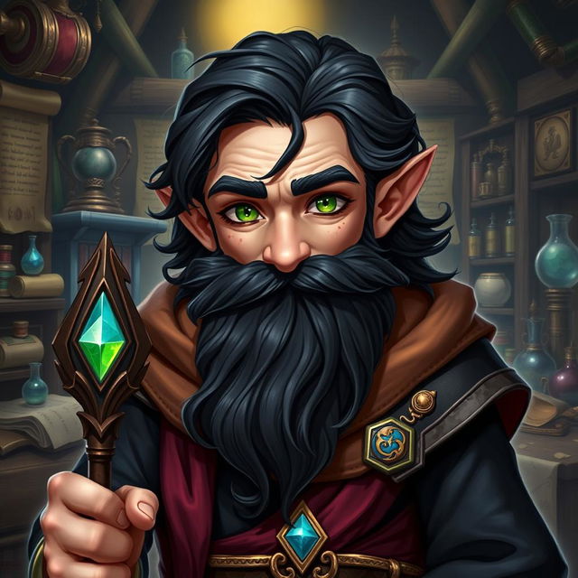 A realistic art style portrayal of a male gnome wizard, featuring captivating green, inquisitive eyes that draw the viewer in with their depth and curiosity