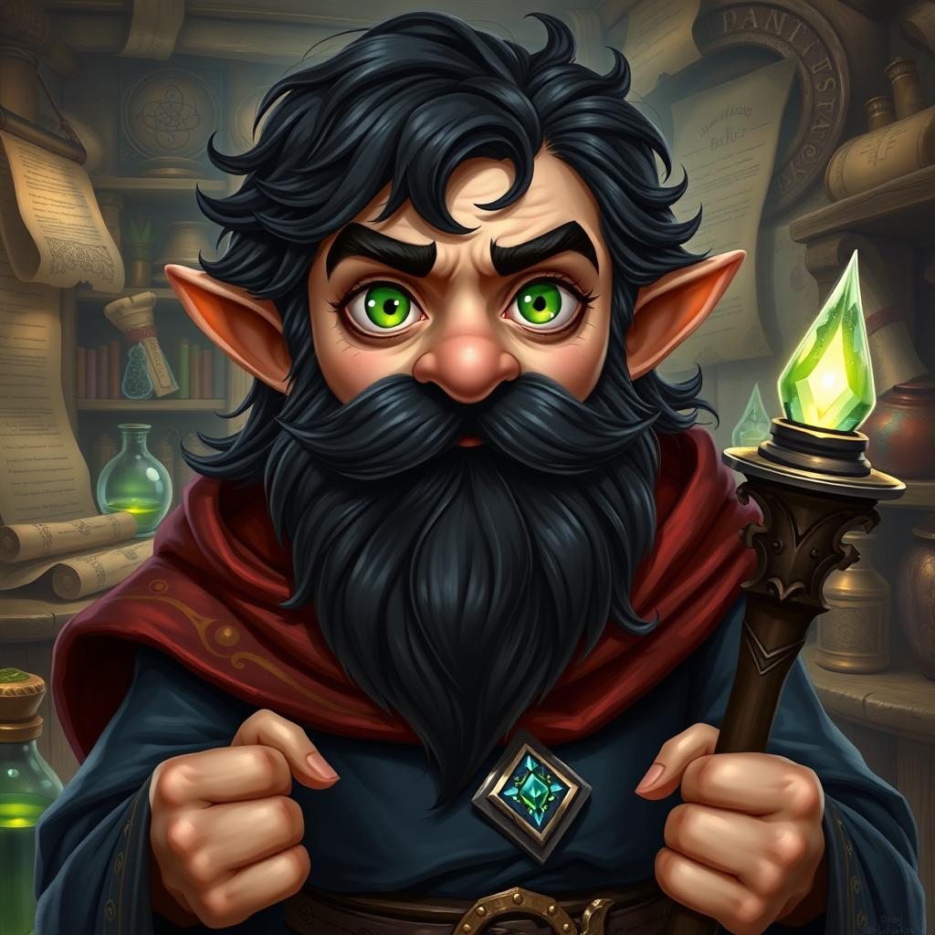 A realistic art style portrayal of a male gnome wizard, featuring captivating green, inquisitive eyes that draw the viewer in with their depth and curiosity