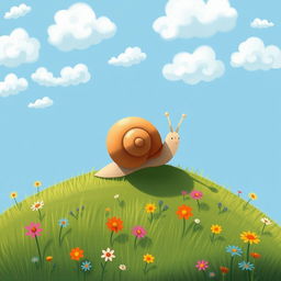 A small snail slowly crawling up a hillside, beautifully illustrated in the whimsical style of Jon Klassen