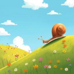 A small snail slowly crawling up a hillside, beautifully illustrated in the whimsical style of Jon Klassen