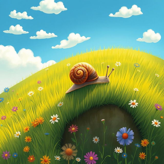 A small snail slowly crawling up a hillside, beautifully illustrated in the whimsical style of Jon Klassen