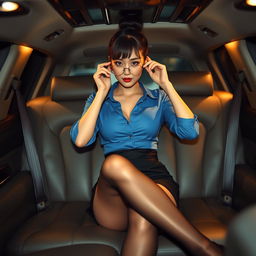 A stunning and alluring Japanese secretary sitting in the back of a luxurious limousine