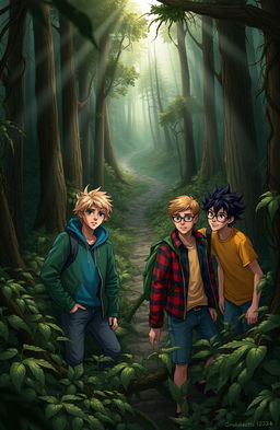 A thrilling adventure scene depicting four teenage boys lost in a dense forest