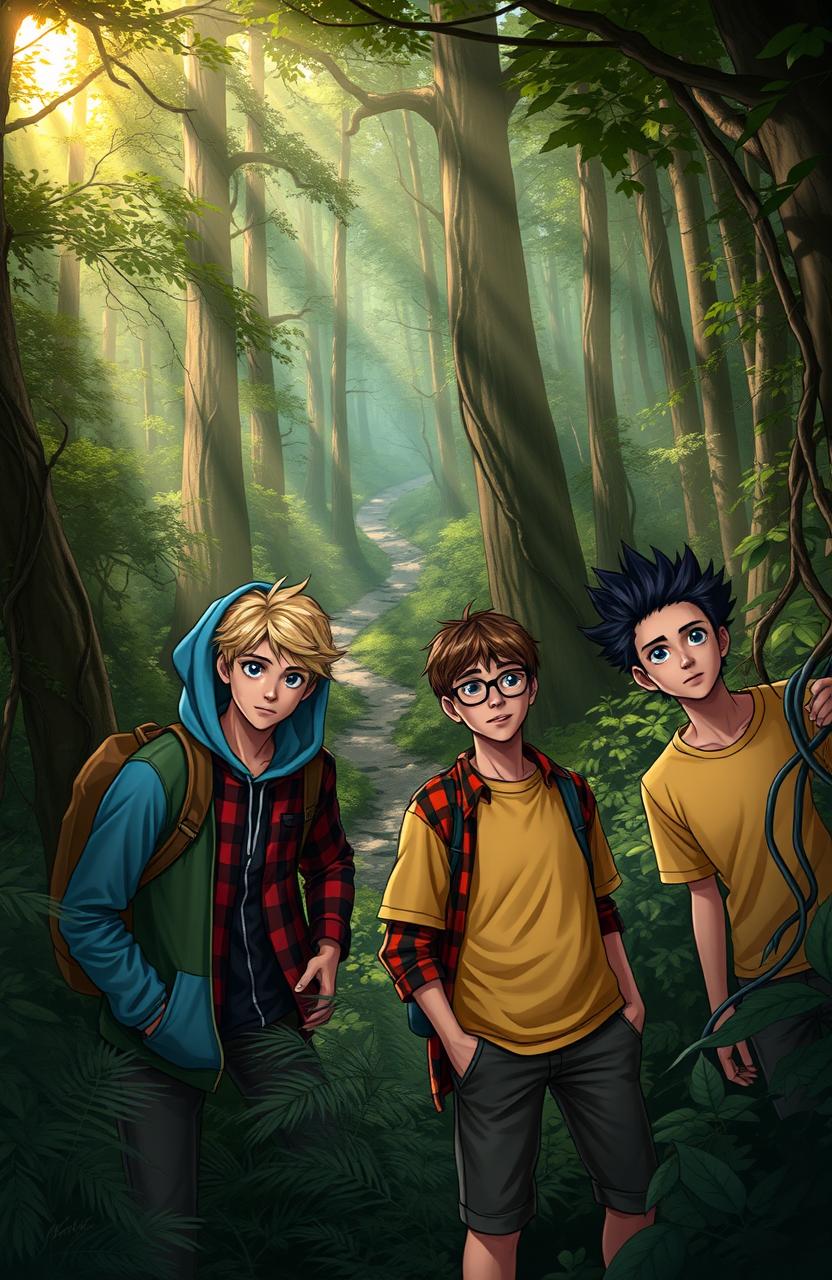 A thrilling adventure scene depicting four teenage boys lost in a dense forest