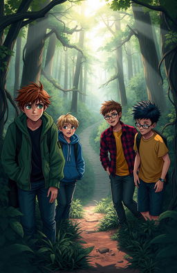 A thrilling adventure scene depicting four teenage boys lost in a dense forest