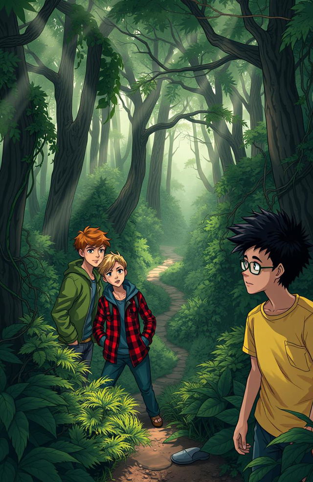 A thrilling adventure scene depicting four teenage boys lost in a dense forest