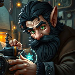 A realistic art style portrayal of a dexterous and perfectionist male gnome wizard, showcasing his bright green, inquisitive eyes that reflect his sharp intellect and curiosity