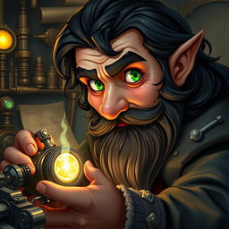 A realistic art style portrayal of a dexterous and perfectionist male gnome wizard, showcasing his bright green, inquisitive eyes that reflect his sharp intellect and curiosity