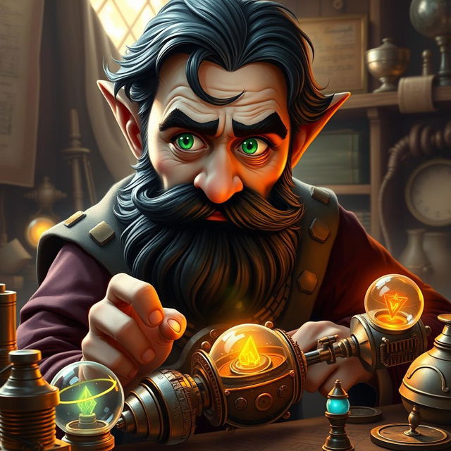 A realistic art style portrayal of a dexterous and perfectionist male gnome wizard, showcasing his bright green, inquisitive eyes that reflect his sharp intellect and curiosity