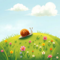 A small snail crawling up a gentle hillside, beautifully illustrated in the whimsical style of Jon Klassen