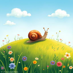 A small snail crawling up a gentle hillside, beautifully illustrated in the whimsical style of Jon Klassen