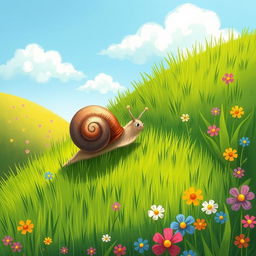 A small snail crawling up a gentle hillside, beautifully illustrated in the whimsical style of Jon Klassen
