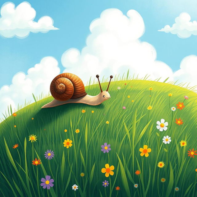 A small snail crawling up a gentle hillside, beautifully illustrated in the whimsical style of Jon Klassen