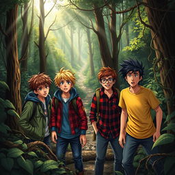 A thrilling adventure scene depicting four teenage boys lost in a dense forest
