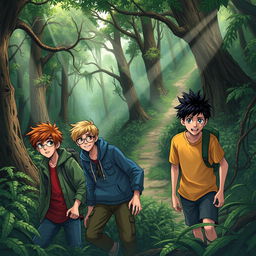 A thrilling adventure scene depicting four teenage boys lost in a dense forest
