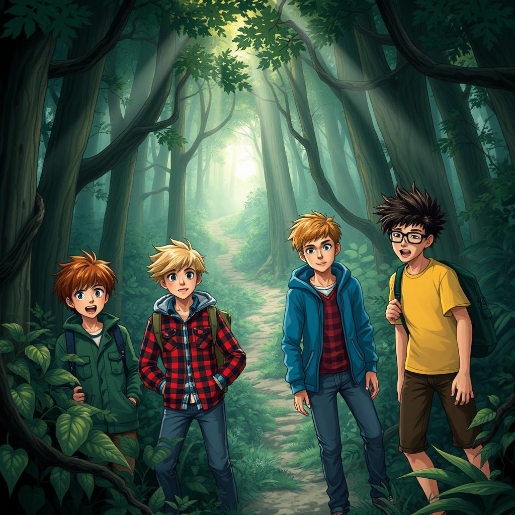 A thrilling adventure scene depicting four teenage boys lost in a dense forest