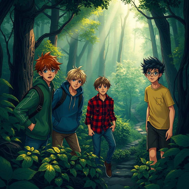 A thrilling adventure scene depicting four teenage boys lost in a dense forest