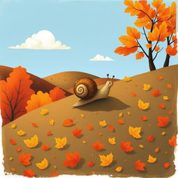 In a beautiful autumn landscape, a small snail is slowly crawling up a hillside, illustrated in the whimsical style of Jon Klassen