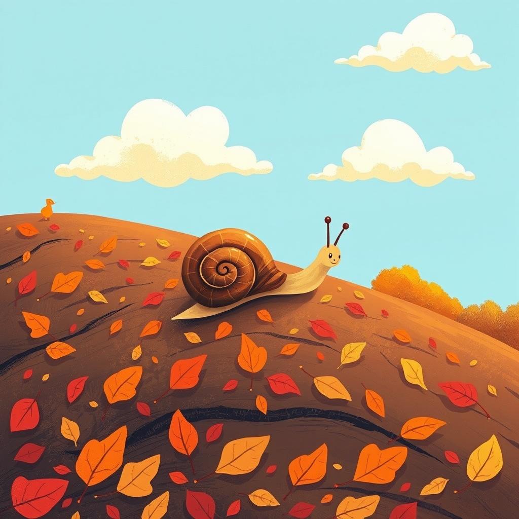 In a beautiful autumn landscape, a small snail is slowly crawling up a hillside, illustrated in the whimsical style of Jon Klassen