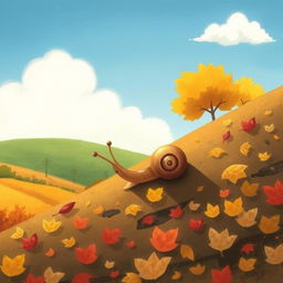 In a beautiful autumn landscape, a small snail is slowly crawling up a hillside, illustrated in the whimsical style of Jon Klassen