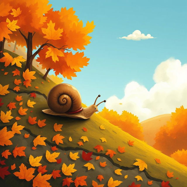 In a beautiful autumn landscape, a small snail is slowly crawling up a hillside, illustrated in the whimsical style of Jon Klassen