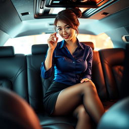 A stunning and alluring Japanese secretary sitting in the back of a luxurious limousine