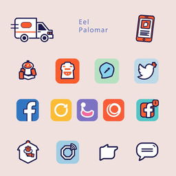 A collection of modern icons representing various digital services offered by 'El Palomar'