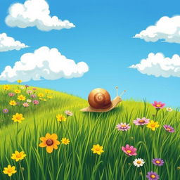A small snail crawling up a sunny hillside during summer, illustrated in the whimsical style of Jon Klassen