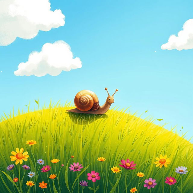 A small snail crawling up a sunny hillside during summer, illustrated in the whimsical style of Jon Klassen