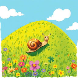 A small snail crawling up a sunny hillside during summer, illustrated in the whimsical style of Jon Klassen