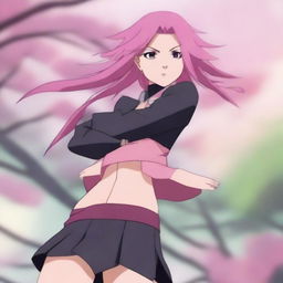 A high-quality digital art image showcasing Sakura Haruno from Naruto in a stylish mini skirt