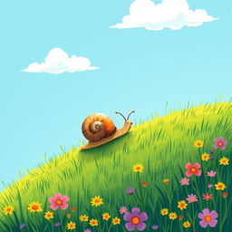 A small snail crawling up a sunny hillside during summer, illustrated in the whimsical style of Jon Klassen