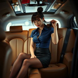 A stunning and alluring Japanese secretary sitting in the back of a luxurious limousine