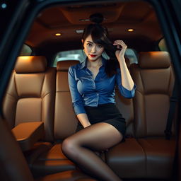 A stunning and alluring Japanese secretary sitting in the back of a luxurious limousine