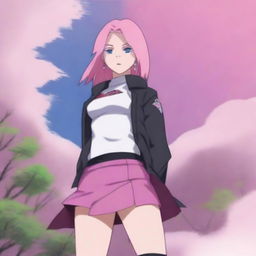 A high-quality digital art image showcasing Sakura Haruno from Naruto in a stylish mini skirt