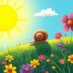 Under the blazing summer sun, a small snail is slowly crawling up a hillside, illustrated in the whimsical style of Jon Klassen