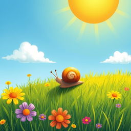 Under the blazing summer sun, a small snail is slowly crawling up a hillside, illustrated in the whimsical style of Jon Klassen