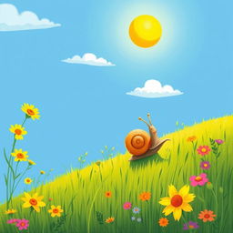 Under the blazing summer sun, a small snail is slowly crawling up a hillside, illustrated in the whimsical style of Jon Klassen
