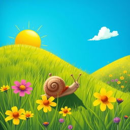 Under the blazing summer sun, a small snail is slowly crawling up a hillside, illustrated in the whimsical style of Jon Klassen